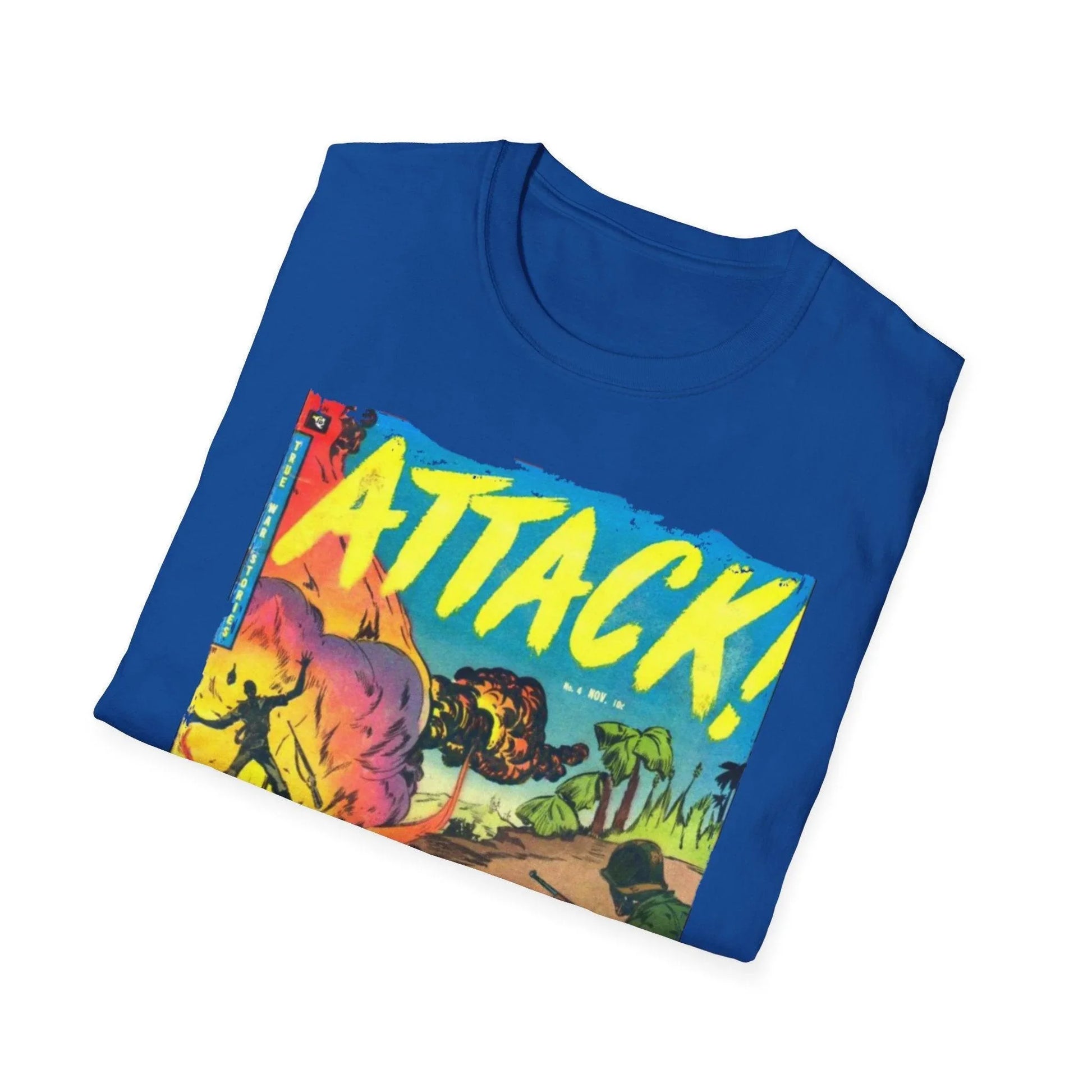 Close-up of the Attack! Nov 1952 unisex softstyle T-shirt's crew neckline and fine cotton fabric texture from lower front