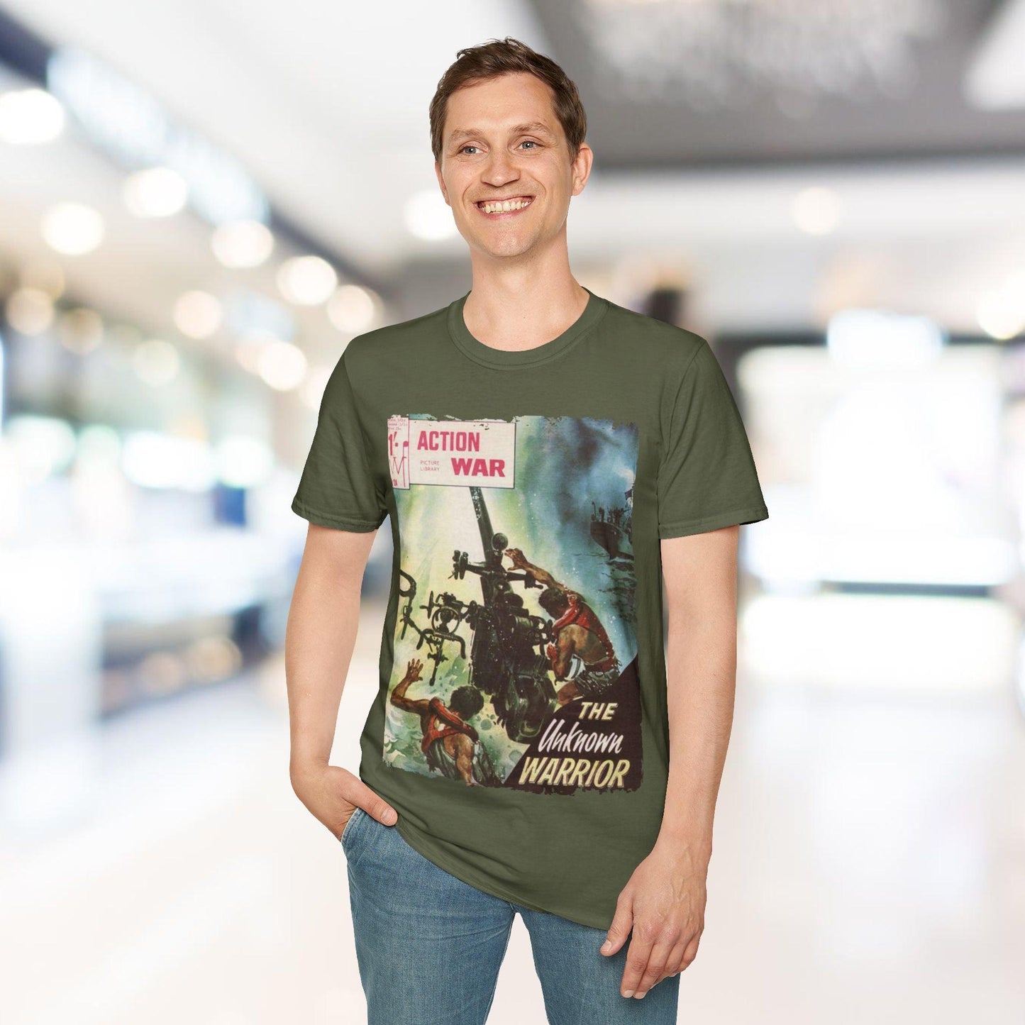 Close-up of the unisex softstyle T-shirt's relaxed fit neckline in heather gray fabric, highlighting smooth stitching and