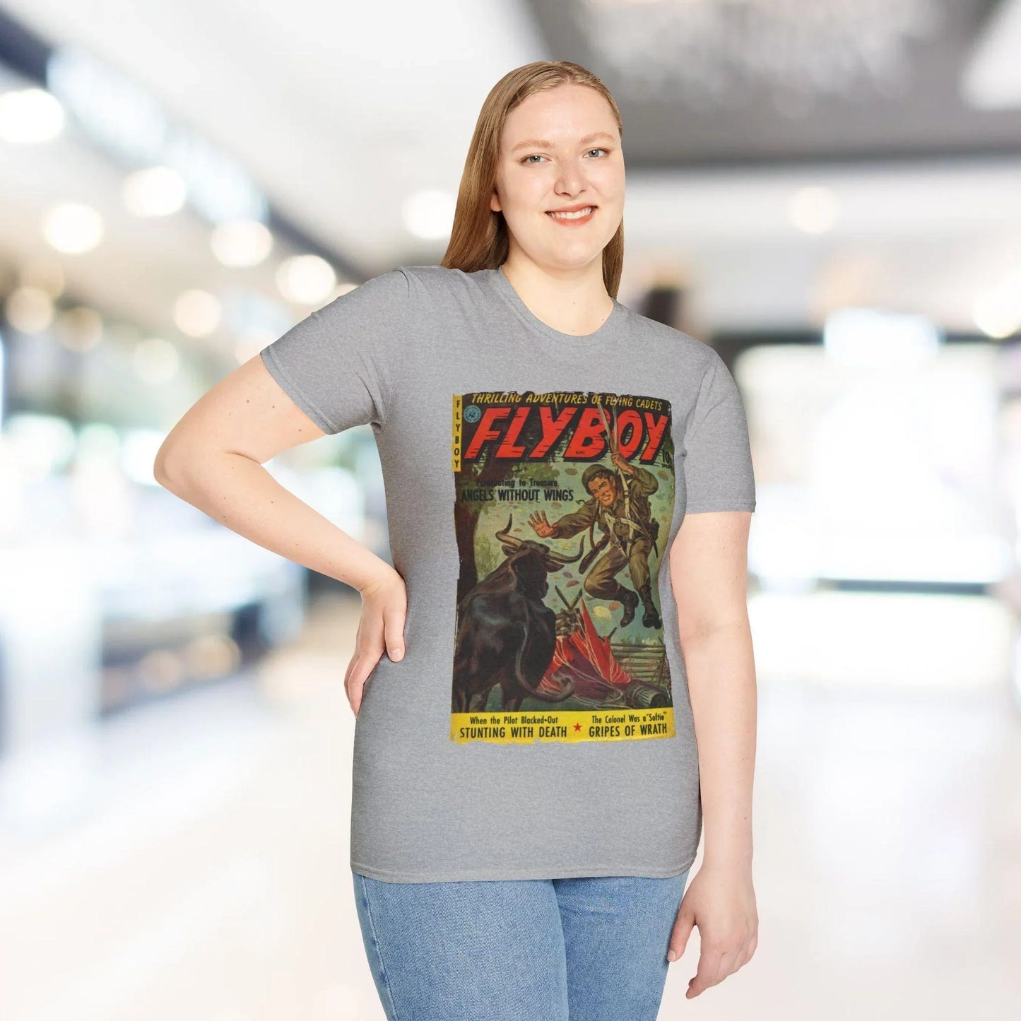 Close-up of the Flyboy No.1 unisex softstyle T-shirt's breathable cotton fabric neckline and subtle stitching detail from a