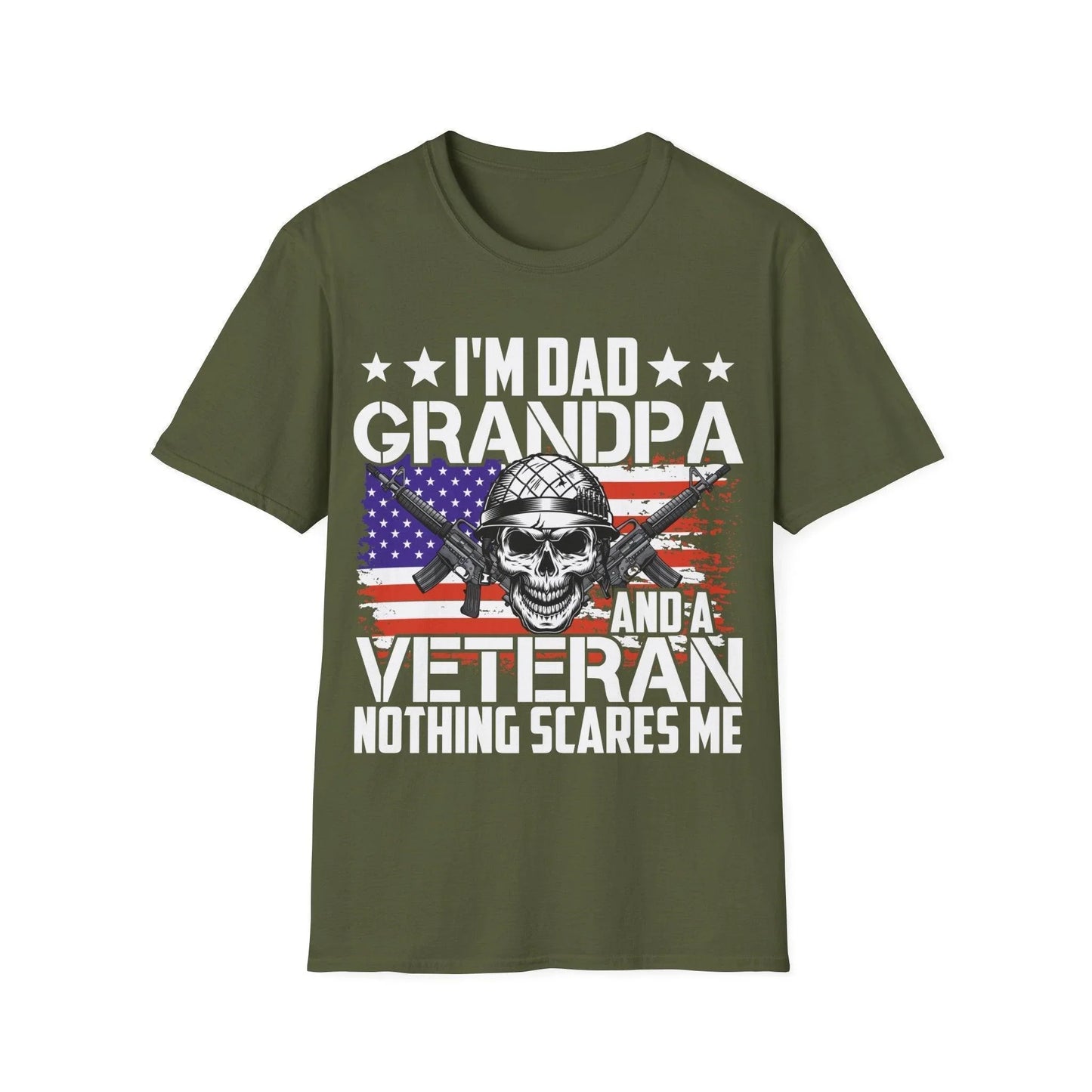 Printify unisex cotton crew neck T-shirt featuring "Dad Grandpa Veteran" design, relaxed fit, white color, regular sleeve