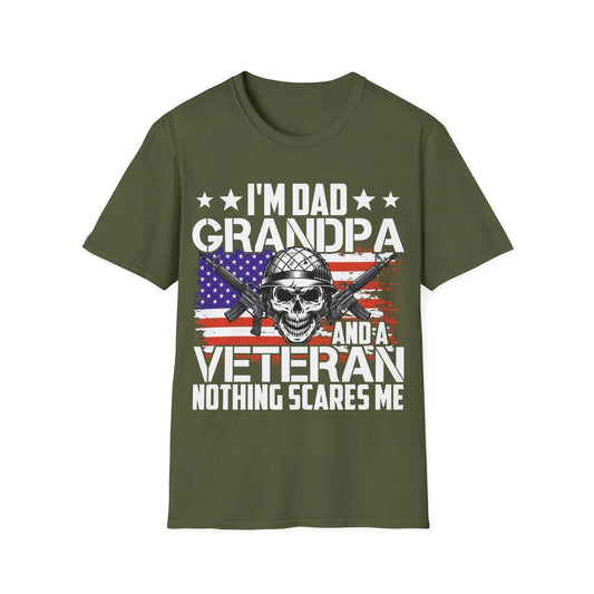 Printify unisex cotton crew neck T-shirt featuring "Dad Grandpa Veteran" design, relaxed fit, white color, regular sleeve