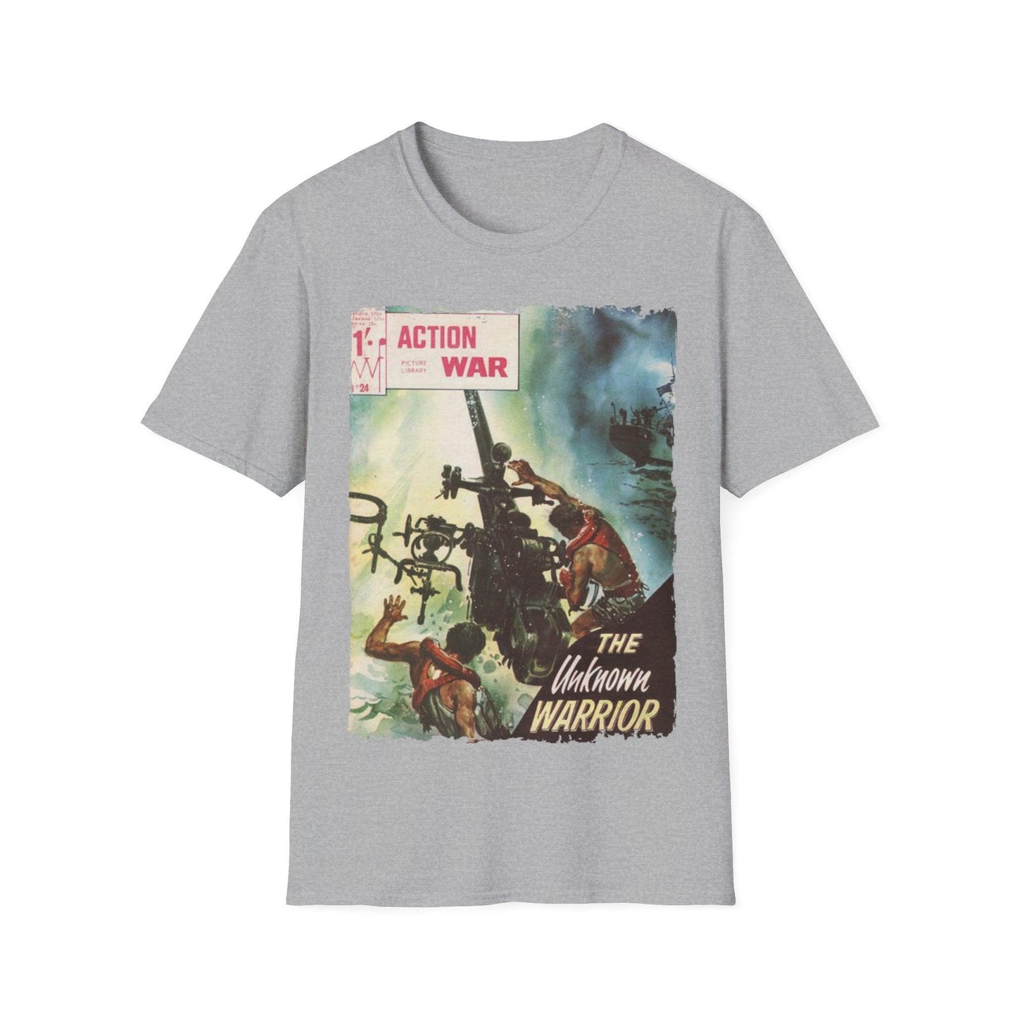 Close-up of the Action War #24 T-shirt's neckline showcasing soft breathable cotton fabric and reinforced stitching detail.