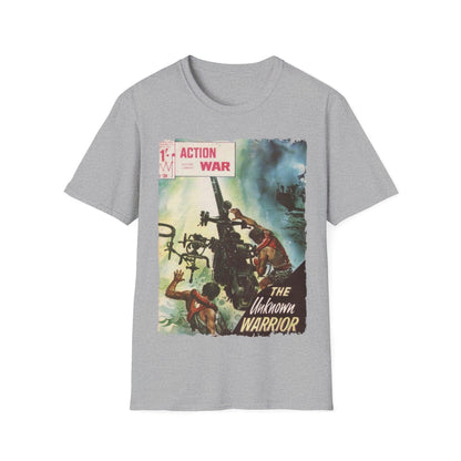 Close-up of the Action War #24 T-shirt's neckline showcasing soft breathable cotton fabric and reinforced stitching detail.