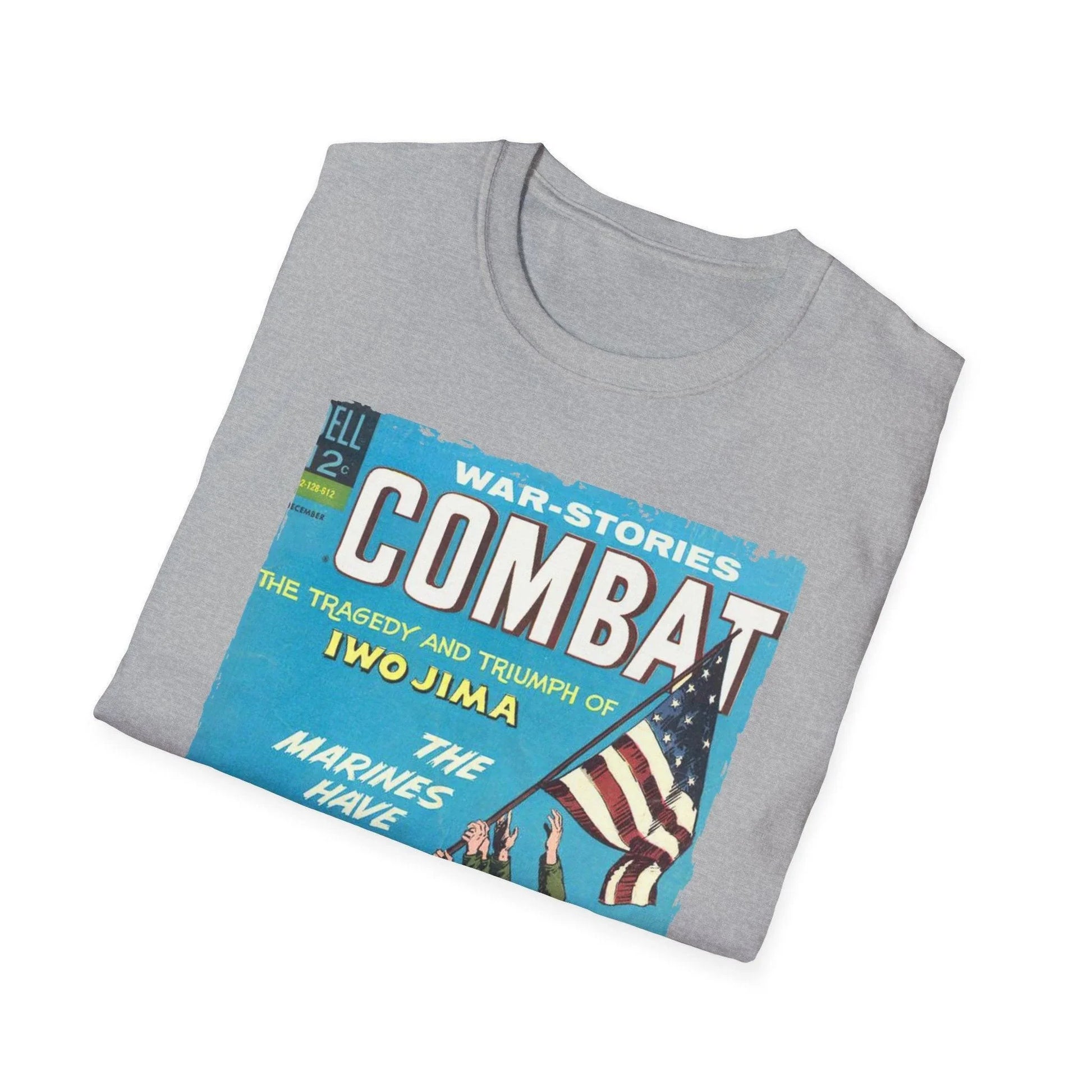 Close-up of the Combat Dec 1966 unisex softstyle T-shirt's neck tag showing fabric blend and size details in white text on