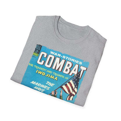 Close-up of the Combat Dec 1966 unisex softstyle T-shirt's neck tag showing fabric blend and size details in white text on