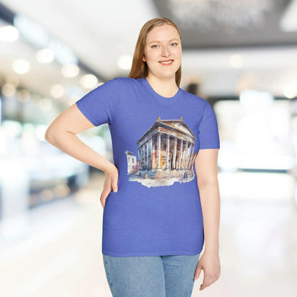 Close-up of the unisex softstyle fabric label sewn onto the hem of the relaxed fit slate gray T-shirt with ribbed neckline