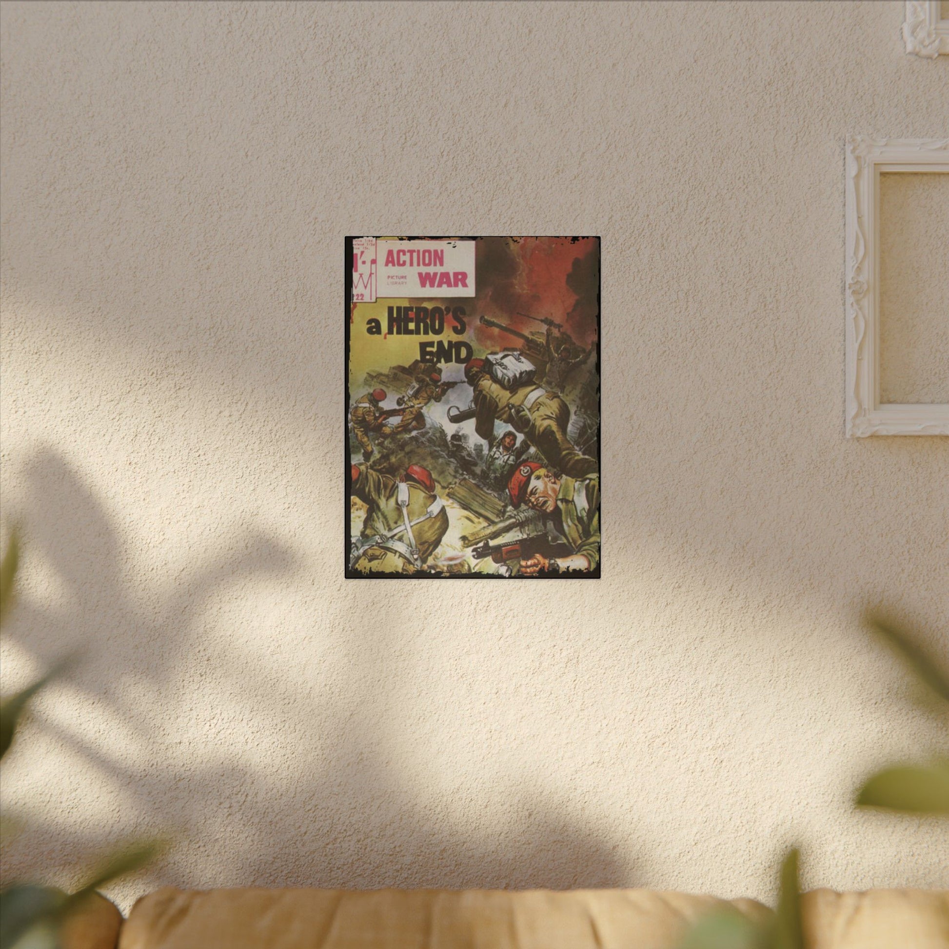 Close-up of vibrant comic book cover artwork featuring bold red and black action scene details on matte canvas surface.