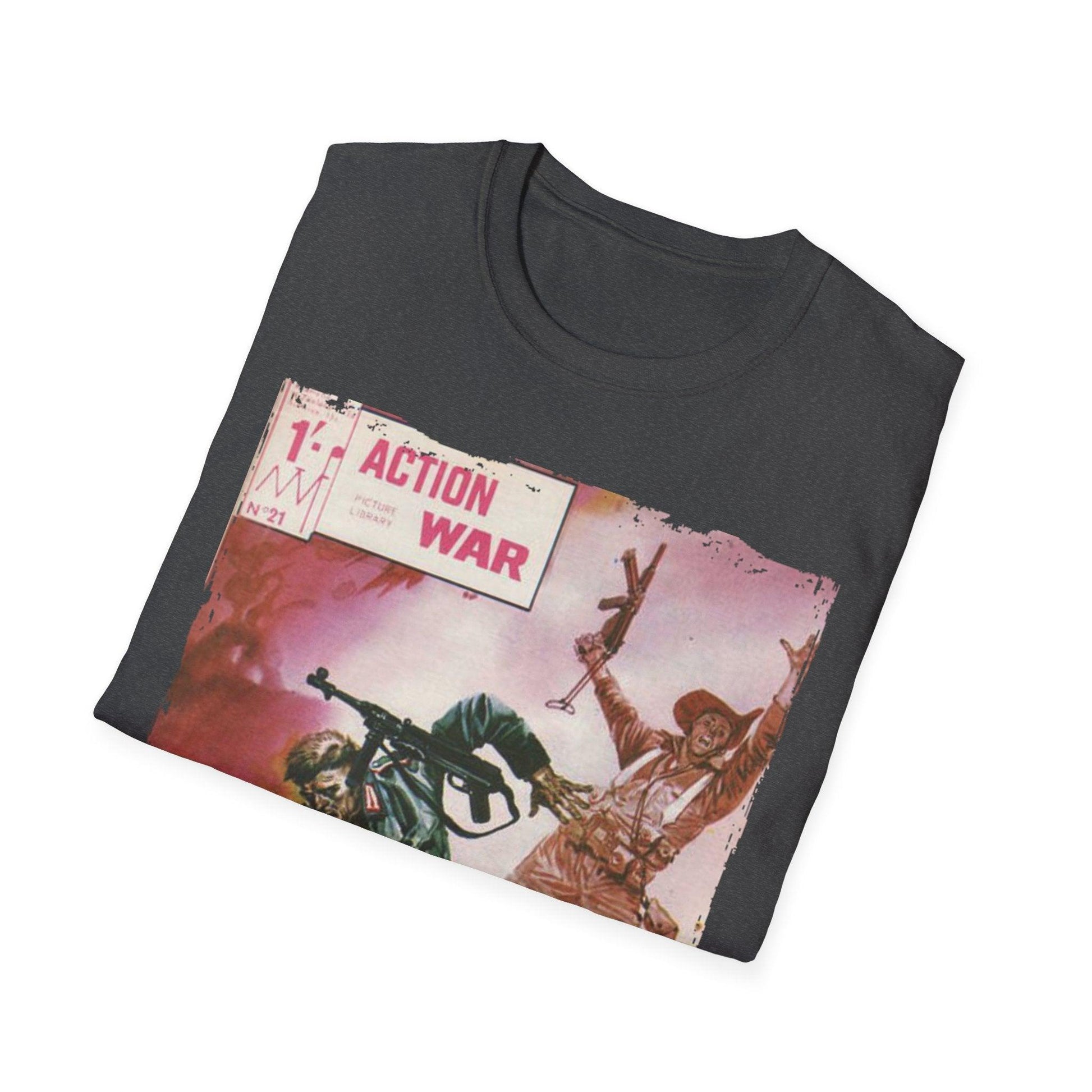 Close-up of the unisex softstyle T-shirt’s neckline showcasing smooth stitching and subtle branding label on a vibrant red