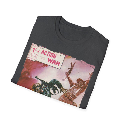 Close-up of the unisex softstyle T-shirt’s neckline showcasing smooth stitching and subtle branding label on a vibrant red