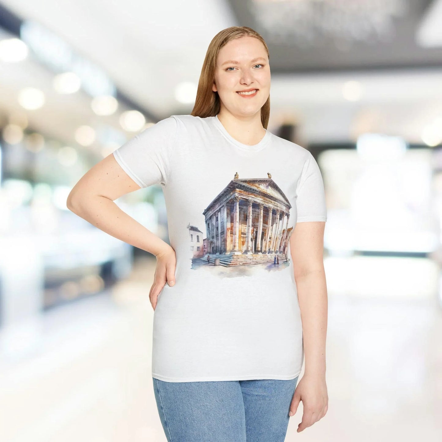 Close-up of the unisex softstyle fabric texture and subtle heather grey knit detail on the Ancient Bldg 2 T-Shirt neckline