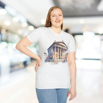 Close-up of the unisex softstyle fabric texture and subtle heather grey knit detail on the Ancient Bldg 2 T-Shirt neckline