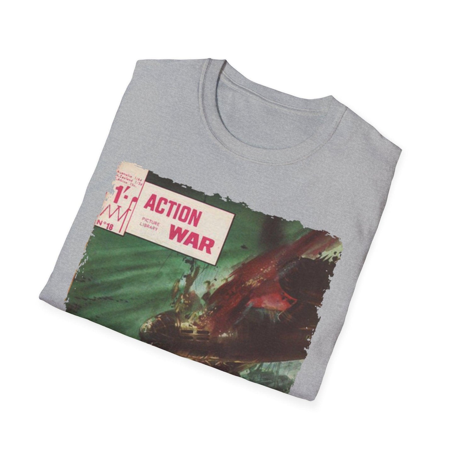 Close-up of the unisex softstyle T-shirt's fabric showing smooth heathered texture and relaxed fit collar at a slight angle.