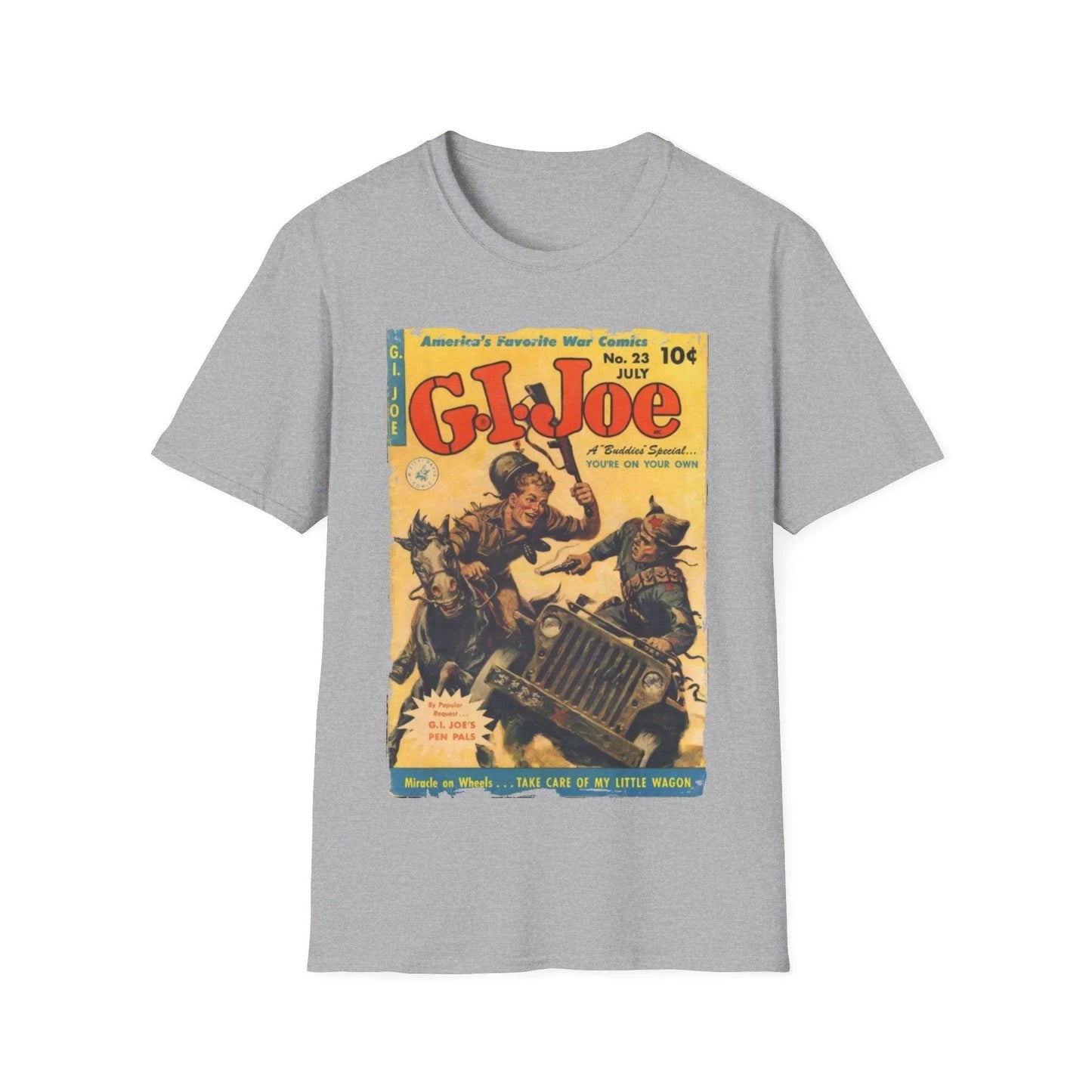 Close-up of the G.I. Joe No.23 unisex softstyle T-shirt's relaxed fit and heather navy color, highlighting the smooth