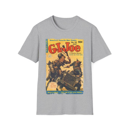 Close-up of the G.I. Joe No.23 unisex softstyle T-shirt's relaxed fit and heather navy color, highlighting the smooth
