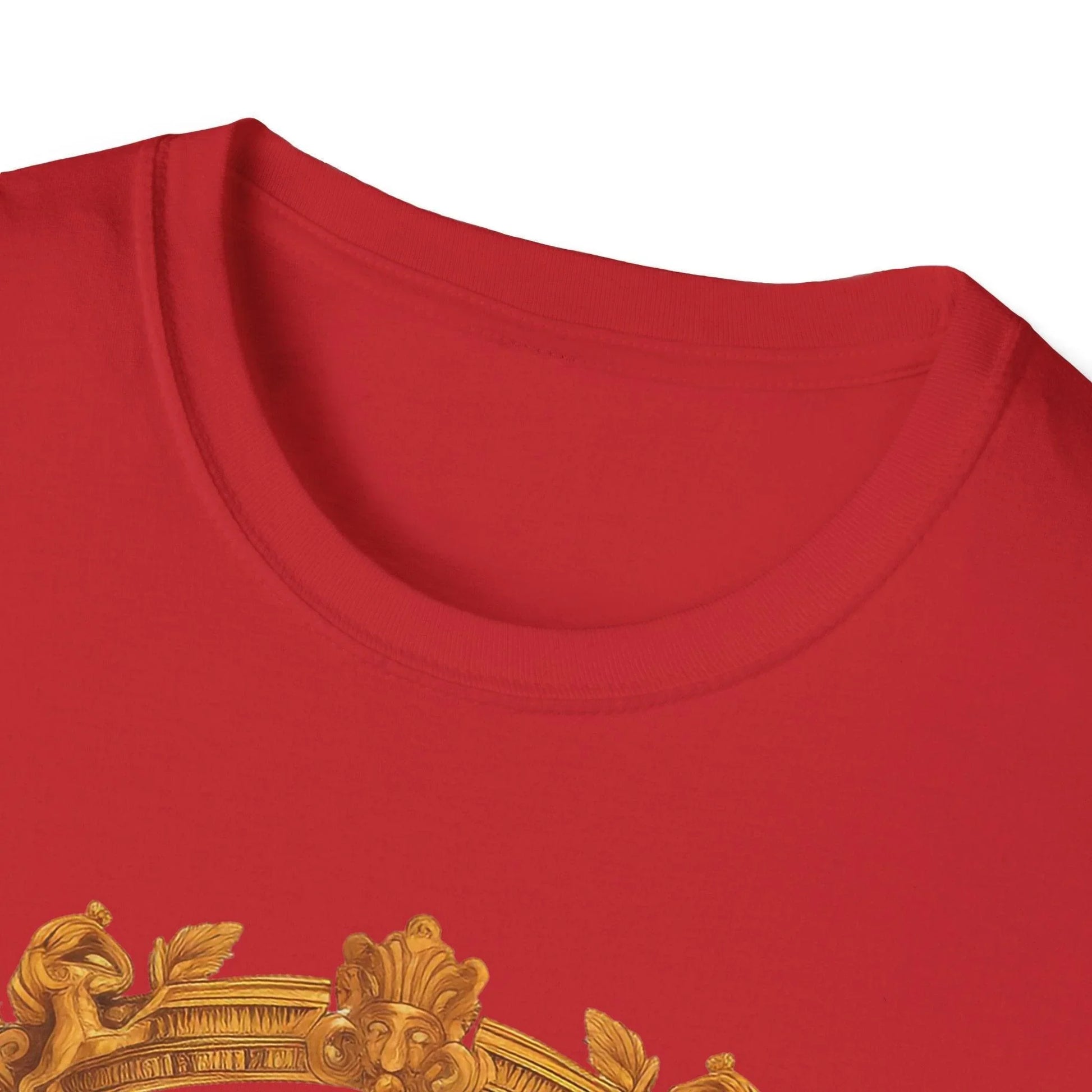 Front close-up of the unisex soft-style T-shirt’s vibrant ancient emperor graphic on cool azure fabric with crew neckline