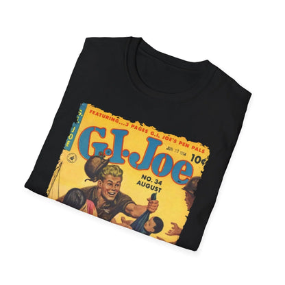 Close-up of the G.I. Joe No.34 unisex softstyle T-shirt’s vibrant red color and crew neckline from a slightly elevated angle