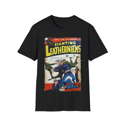 Printify Fighting Leathernecks unisex softstyle T-shirt in black cotton, crew neck, regular fit with printed combat design
