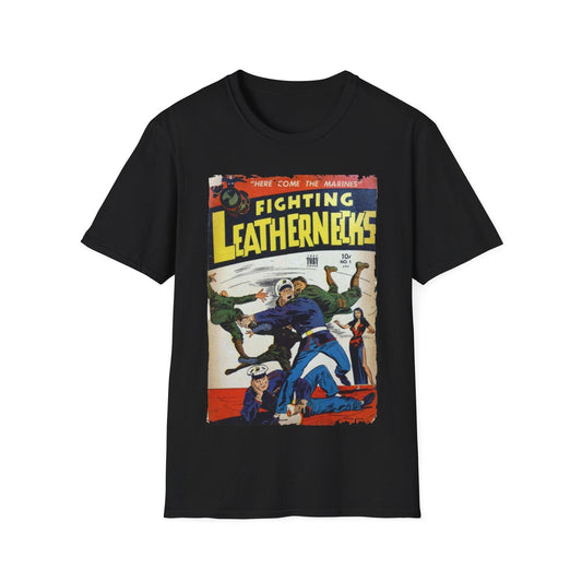 Printify Fighting Leathernecks unisex softstyle T-shirt in black cotton, crew neck, regular fit with printed combat design