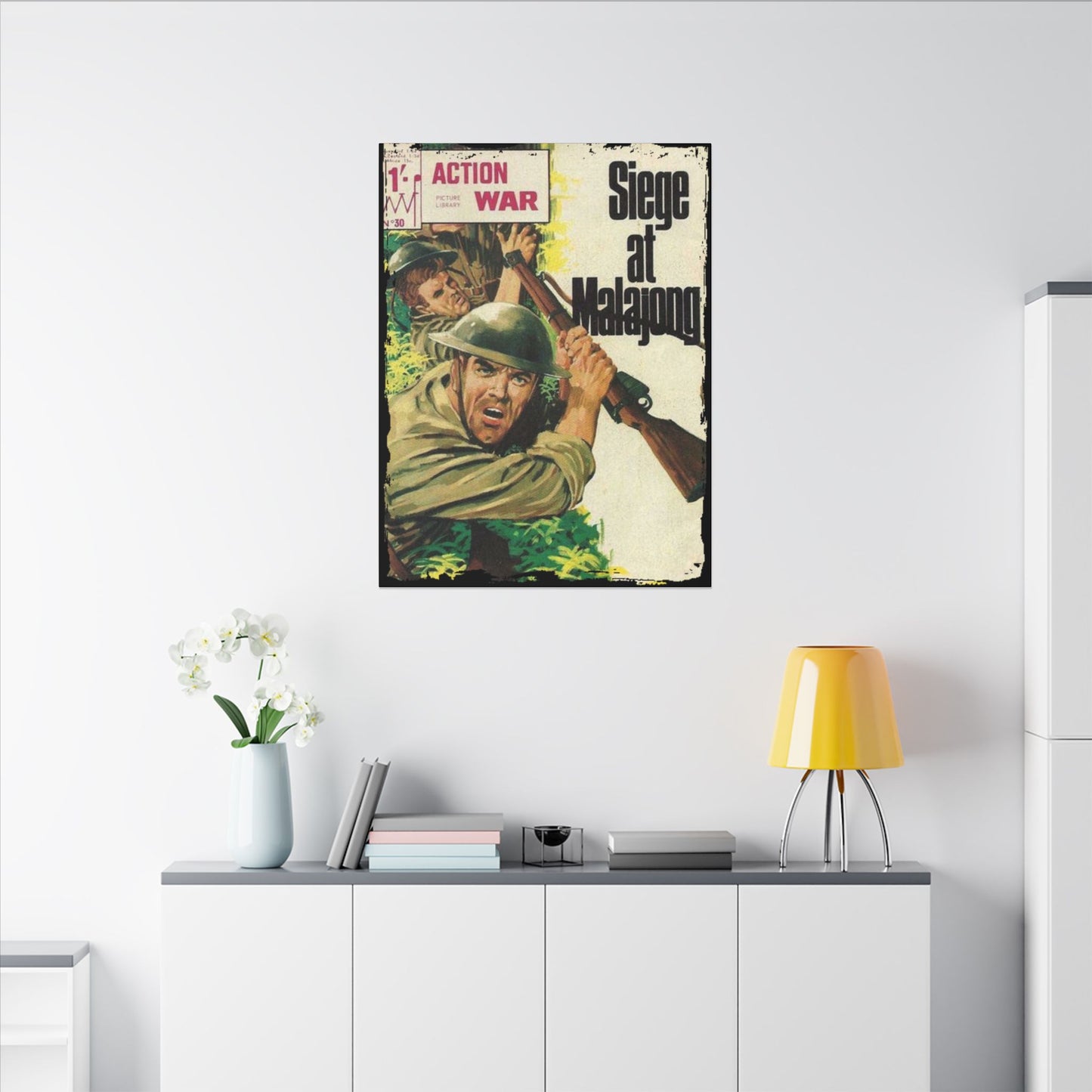 Close-up of the canvas surface revealing textured brushstrokes and vibrant color details from the Action War #30 comic art.