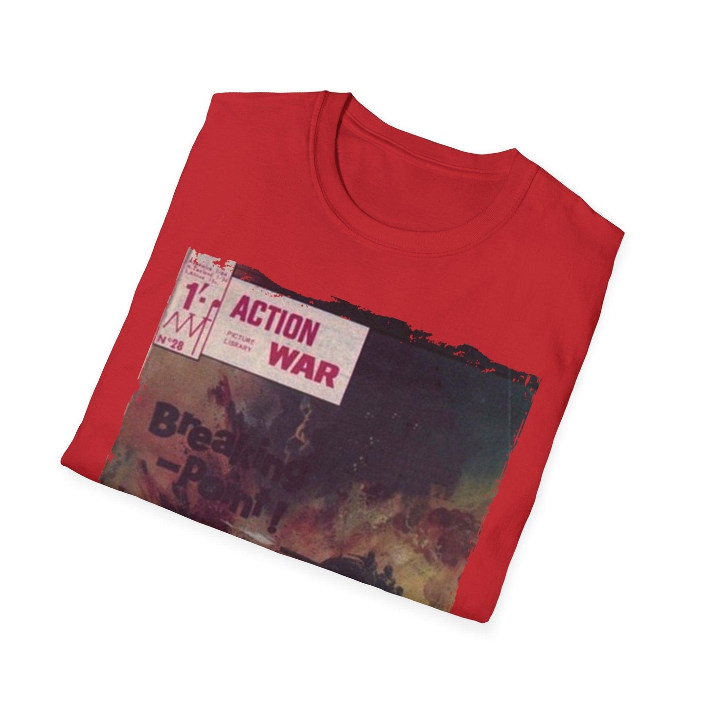 Close-up of the unisex softstyle T-shirt's fabric detail highlighting the smooth, relaxed fit and deep navy color from a