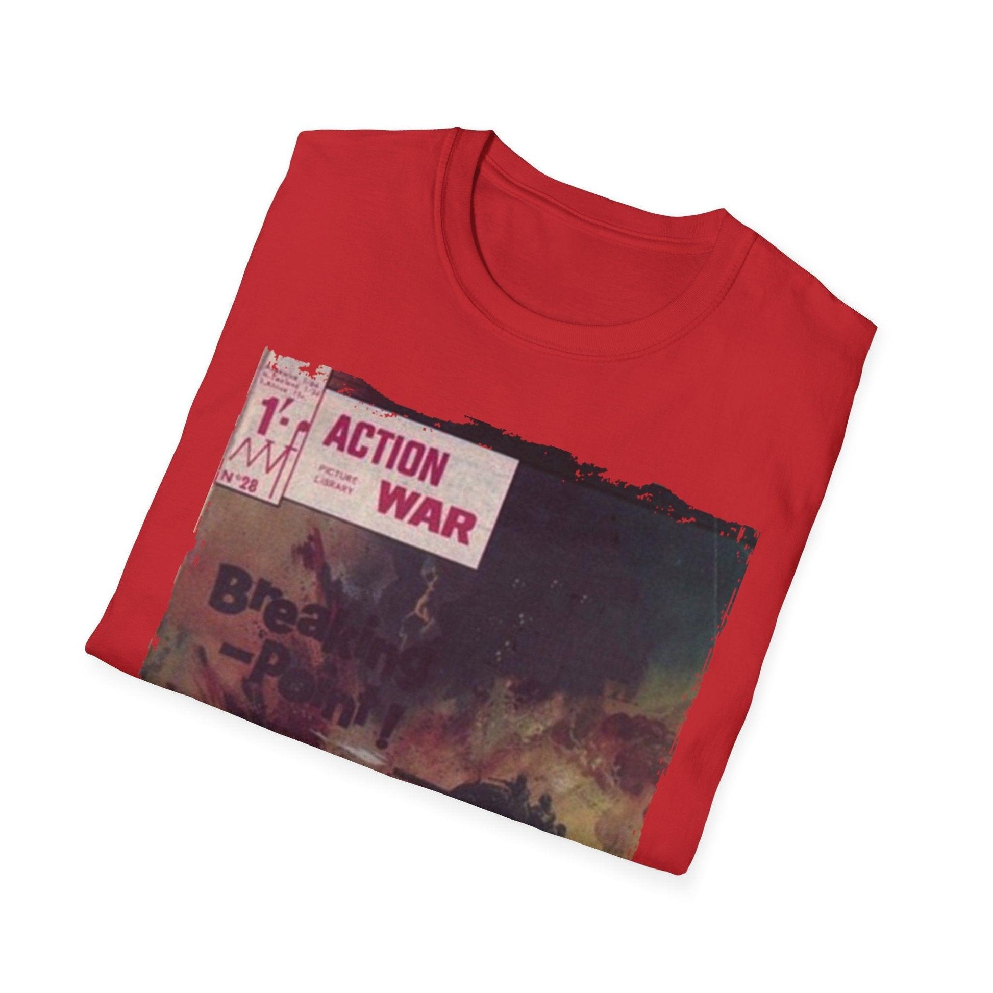 Close-up of the unisex softstyle T-shirt's fabric detail highlighting the smooth, relaxed fit and deep navy color from a