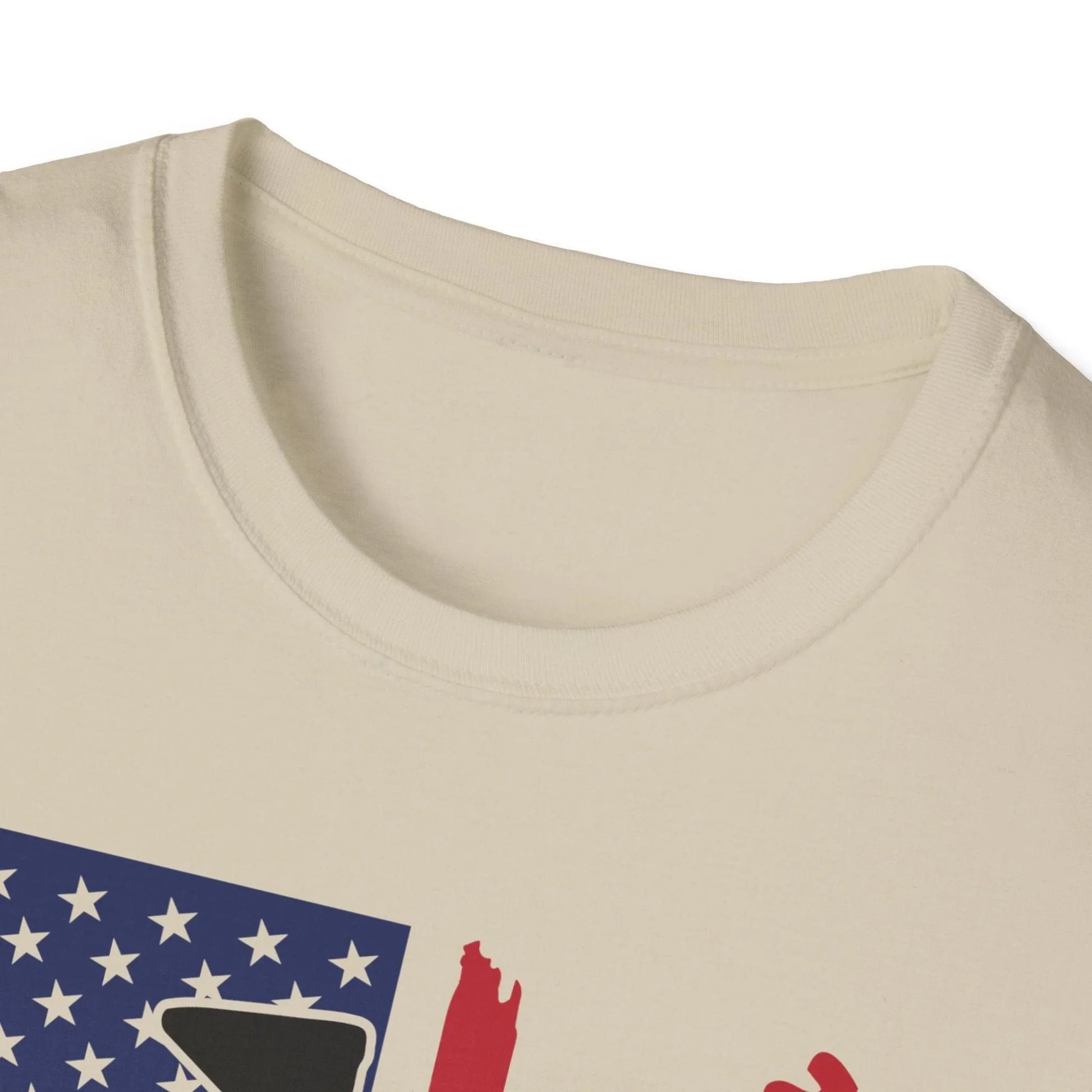 Close-up of distressed American flag print on soft cotton fabric with visible fabric texture and subtle color variation at