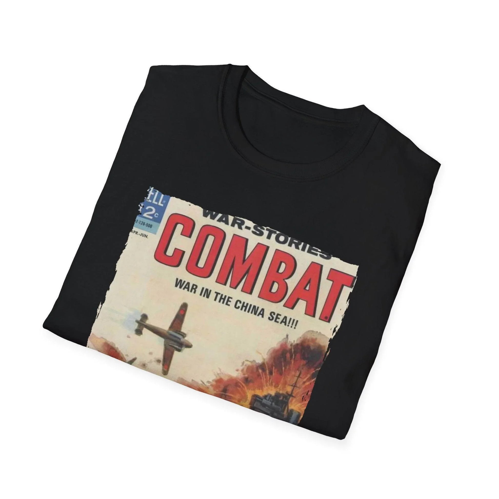 Close-up of the Combat April 1965 T-shirt’s soft cotton fabric and stitched neckline detail from a front angle.