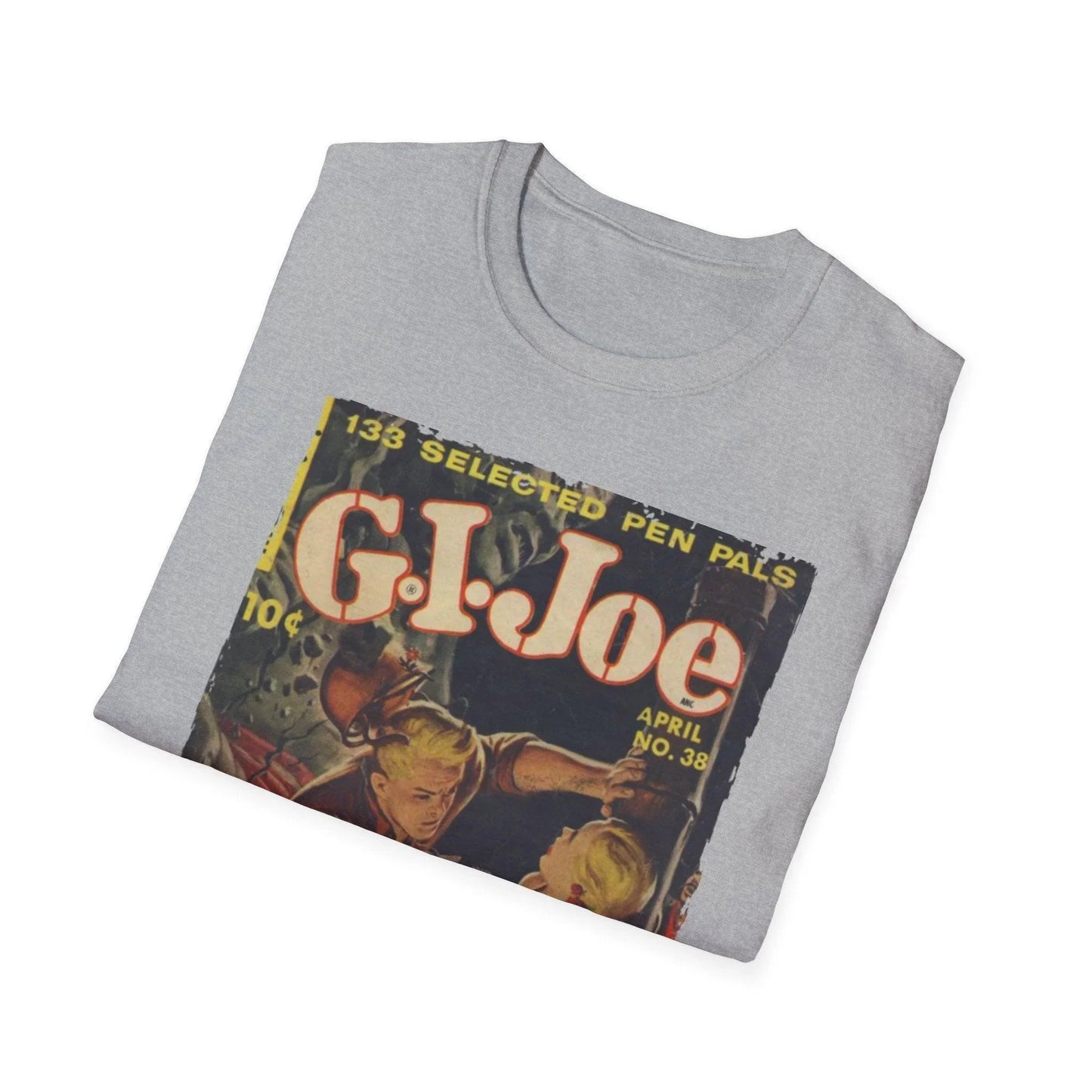 Close-up of the G.I. Joe No.38 softstyle T-shirt's vibrant printed logo on the chest against the relaxed-fit, heather gray