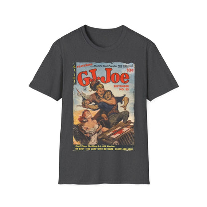 Close-up of the G.I. Joe No.35 softstyle T-shirt’s vibrant graphic print on textured cotton fabric at an angled view