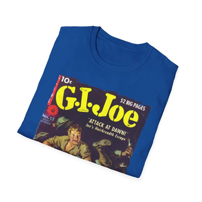 Close-up of the G.I. Joe No.13 T-shirt's navy fabric showing subtle heather texture and reinforced crew neckline detail.