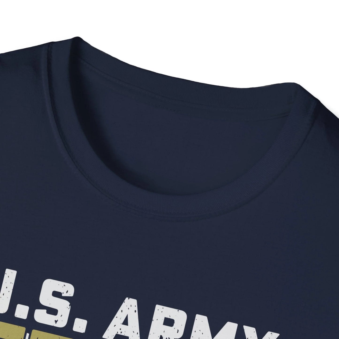 Close-up of the army-themed graphic print on forest green softstyle T-shirt’s chest area, showcasing intricate camouflage