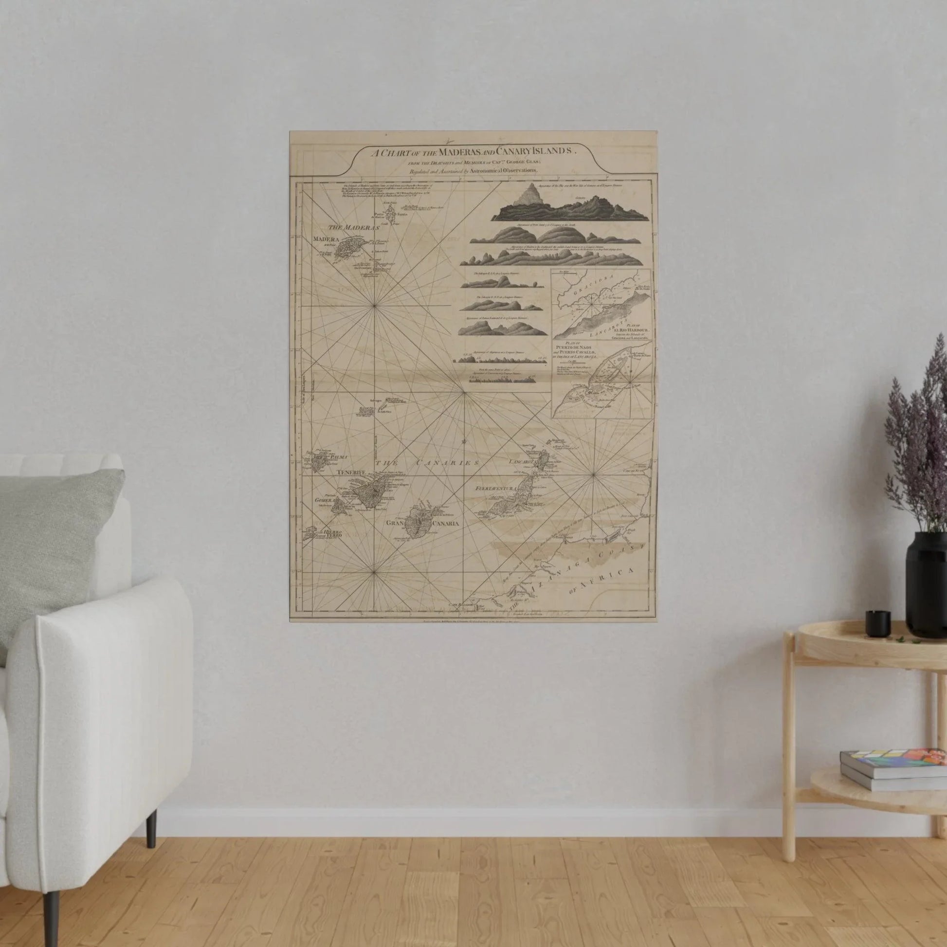 Detailed aerial view highlighting the vibrant blue and green hues of the Maderas and Canary Islands map on canvas