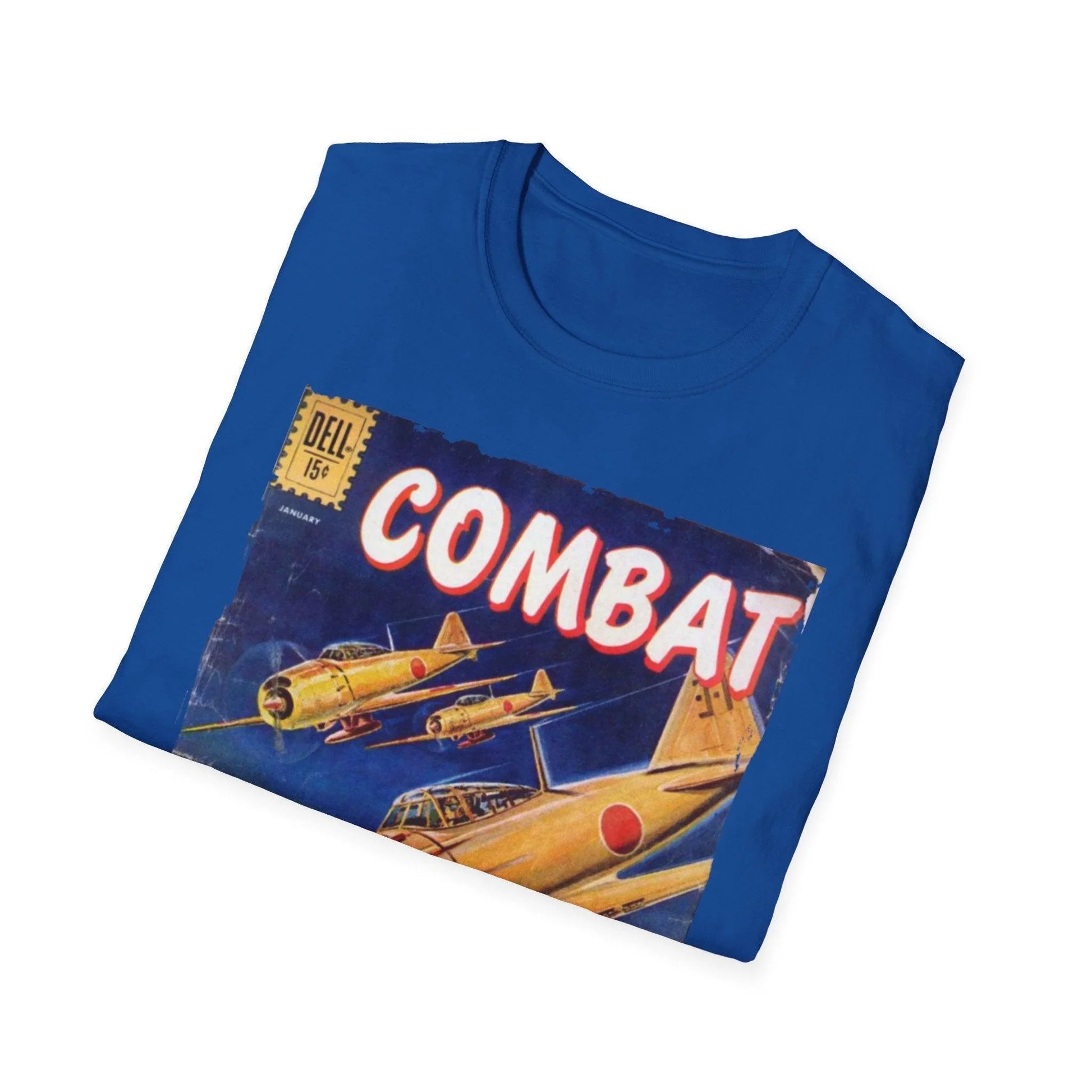Detailed close-up of the Combat Jan 1961 unisex softstyle T-shirt’s relaxed fit and vibrant navy color from the bottom hem