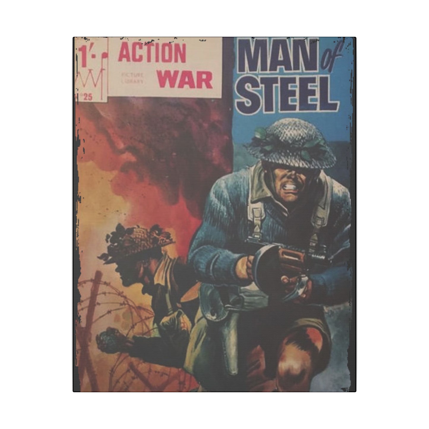 Close-up of the textured canvas surface highlighting the vintage-style print details and subtle color variations.