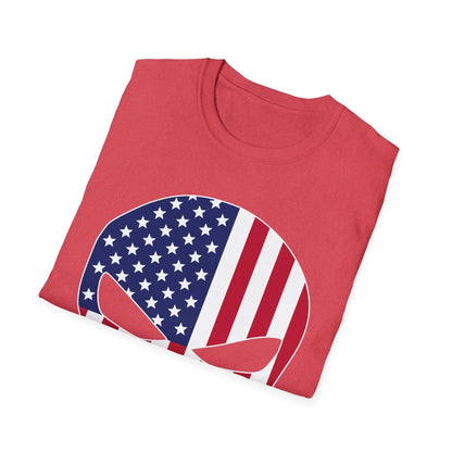 Close-up of the American Skull Flag graphic detail on the unisex softstyle T-shirt's front, showcasing vibrant colors and