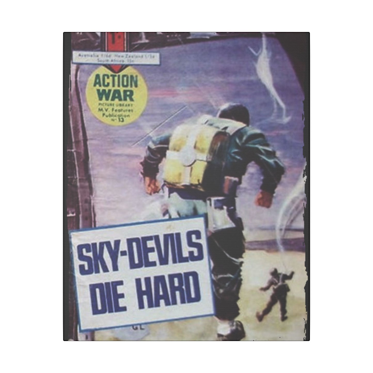 Close-up of "Action War #13" comic cover detail, showcasing vibrant colors and dynamic illustration style on textured canvas