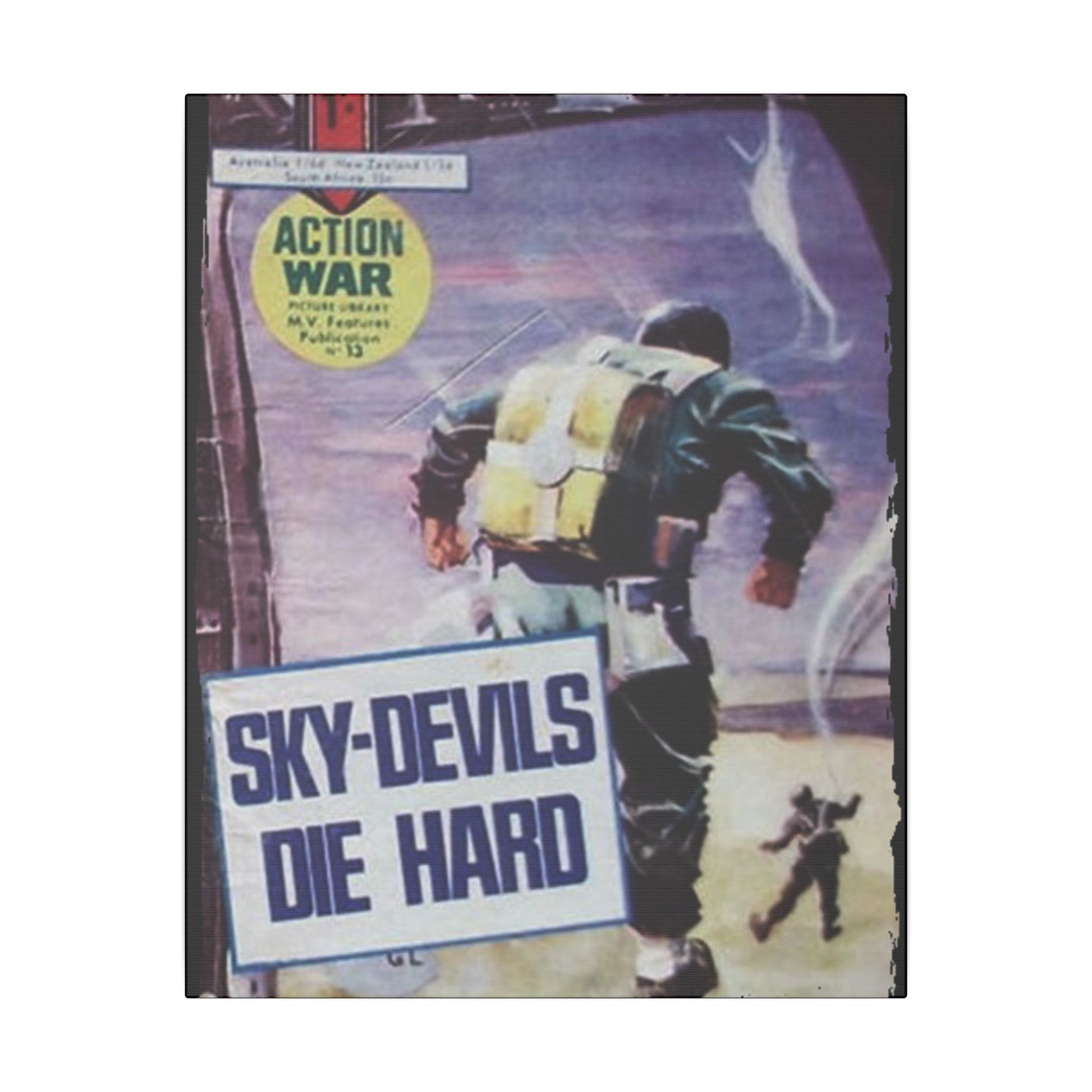 Close-up of "Action War #13" comic cover detail, showcasing vibrant colors and dynamic illustration style on textured canvas