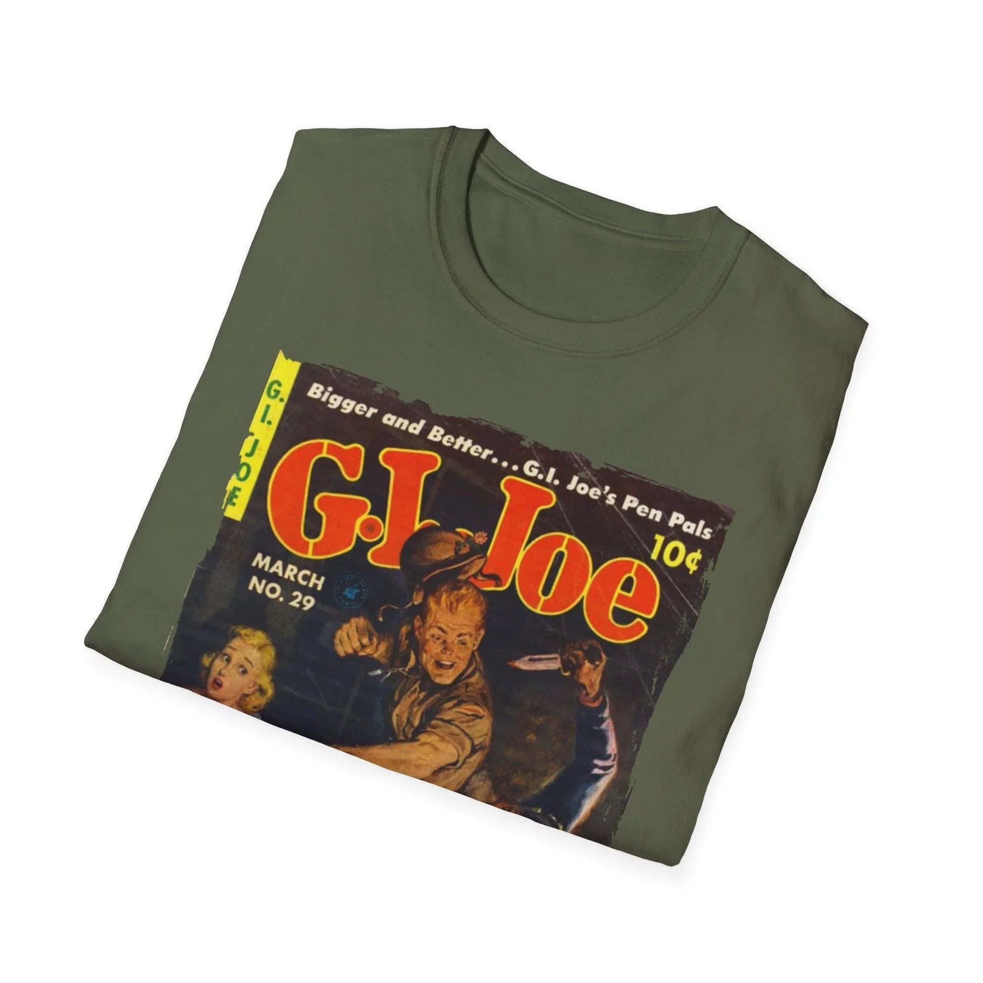 Close-up of the G.I. Joe No.29 softstyle T-shirt’s collar and subtle stitching detail on relaxed fit, in dark navy fabric.