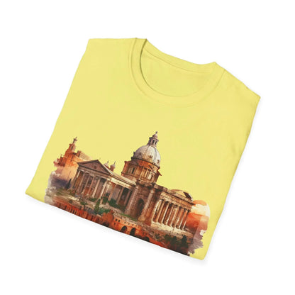 Close-up of the unisex softstyle T-shirt’s fabric texture highlighting smooth, lightweight cotton blend and subtle stitching