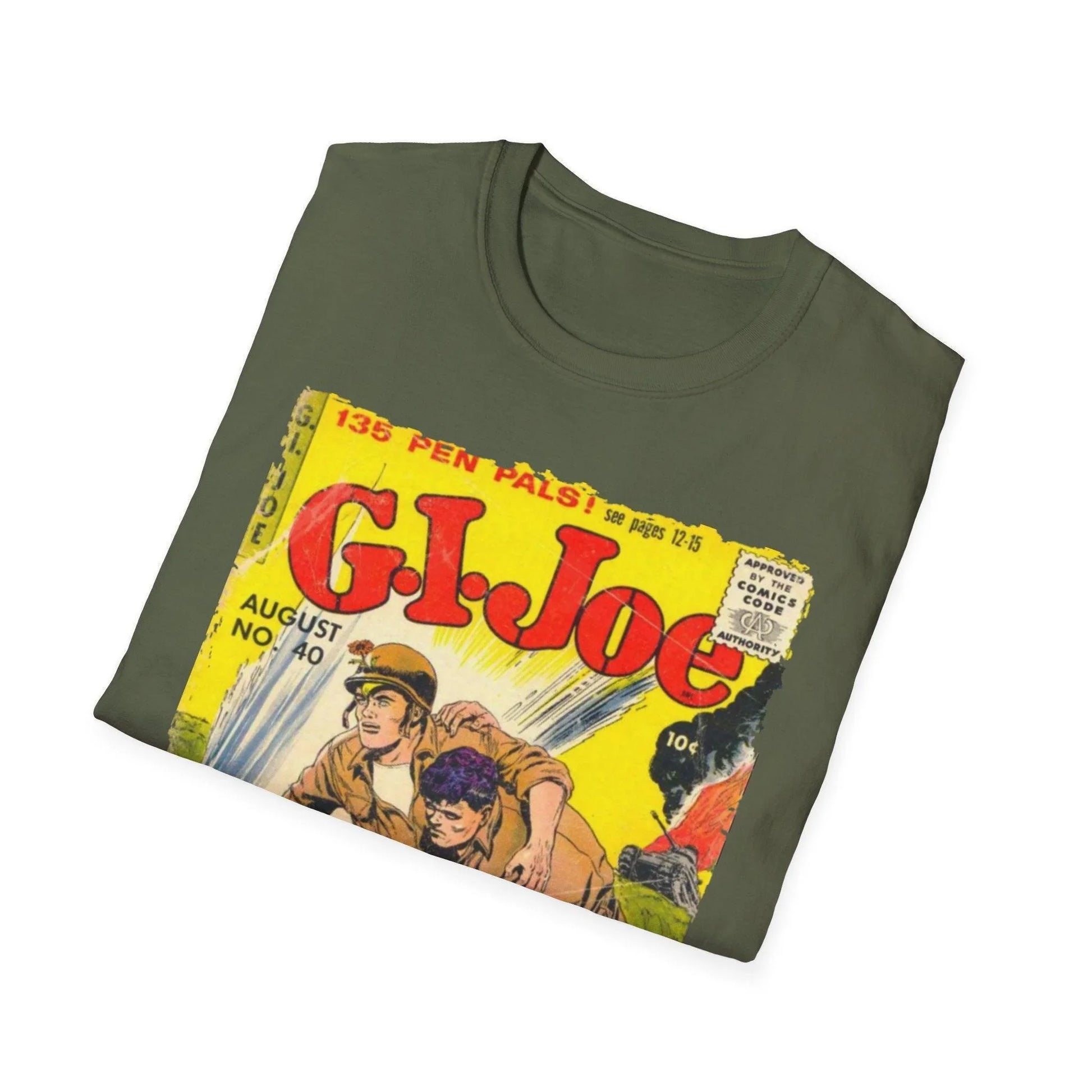 Close-up of the G.I. Joe No.40 T-shirt fabric showing soft cotton jersey texture and relaxed fit collar detail from a slight