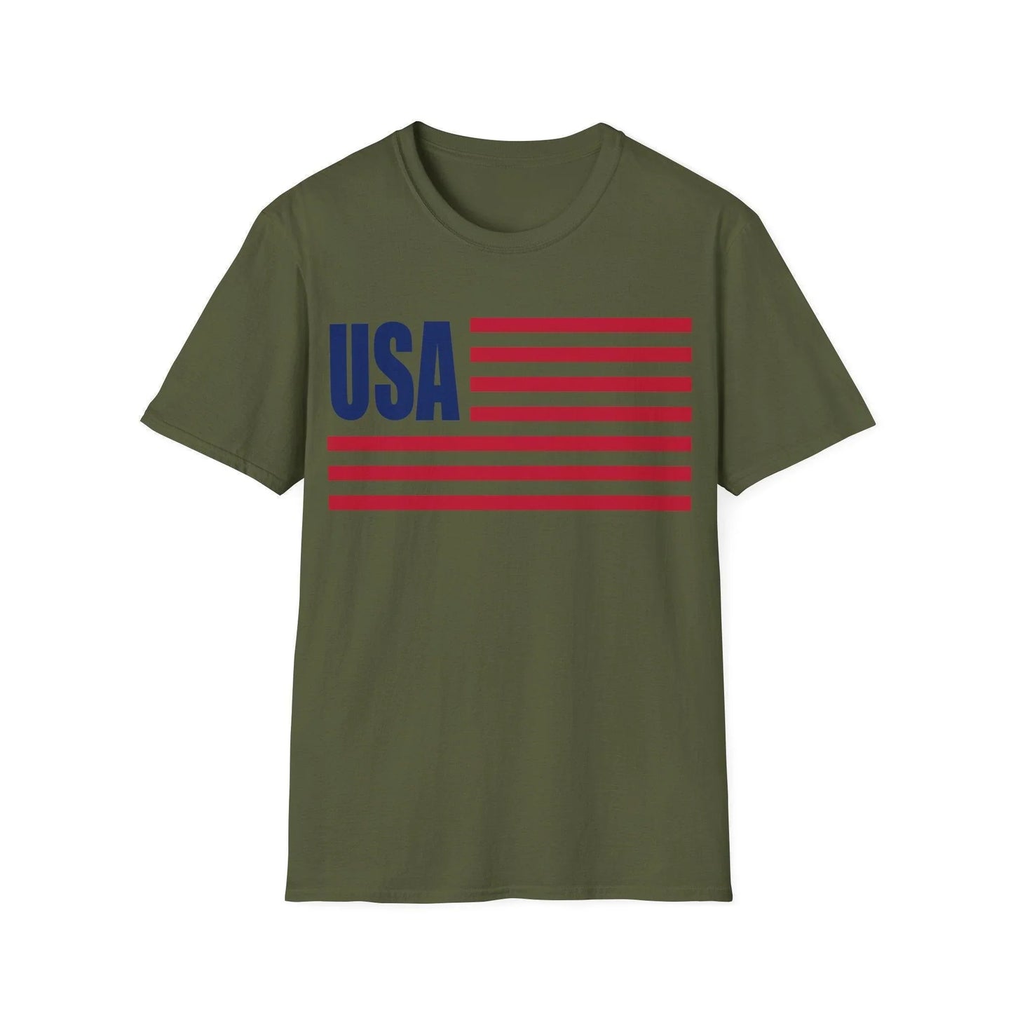 Close-up of the American Flag USA colors printed on the front of the relaxed fit, crew neckline unisex T-shirt showcasing
