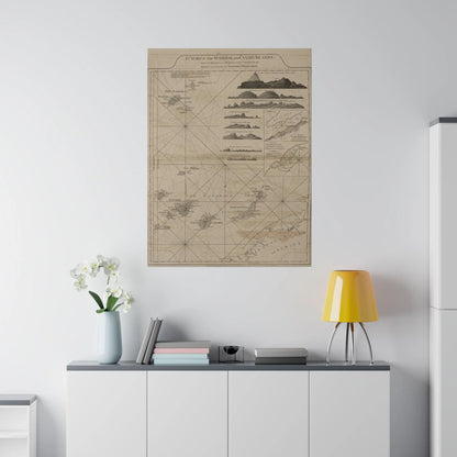 A detailed close-up of the vibrant island labels and intricate line work on the chart’s upper right corner highlighting