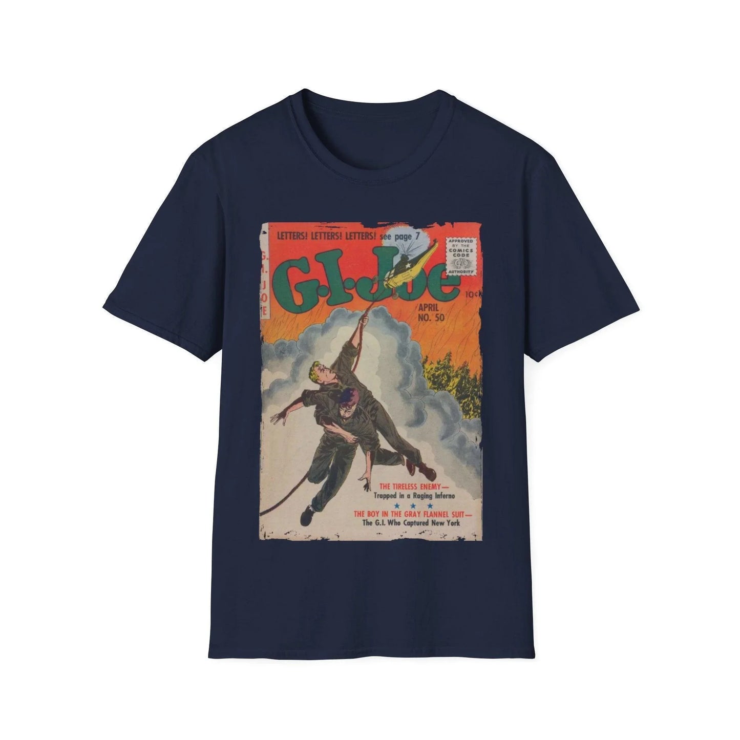 Close-up of the G.I. Joe No.50 softstyle T-shirt fabric displaying the relaxed fit and vibrant navy blue color from a front