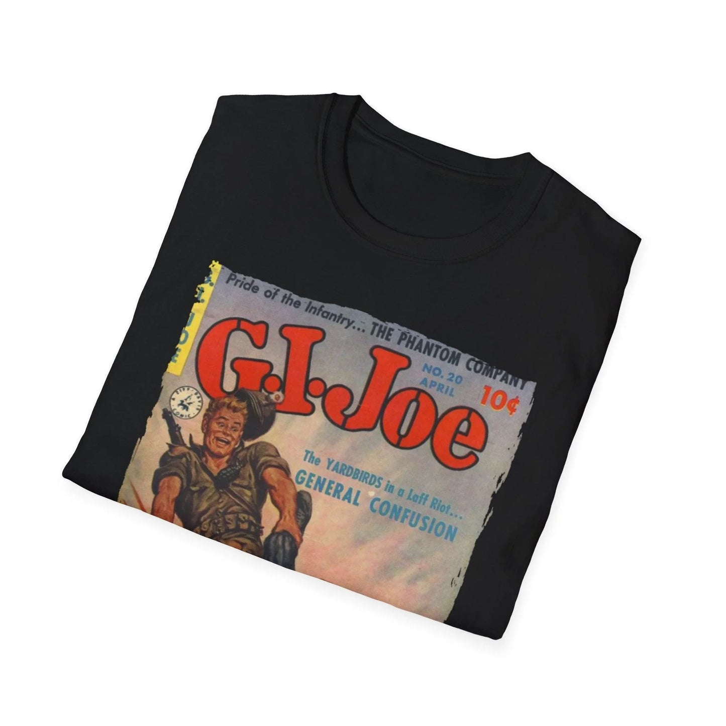 Close-up of the G.I. Joe No.20 softstyle T-shirt's chest graphic detail, showing vibrant print and smooth cotton fabric