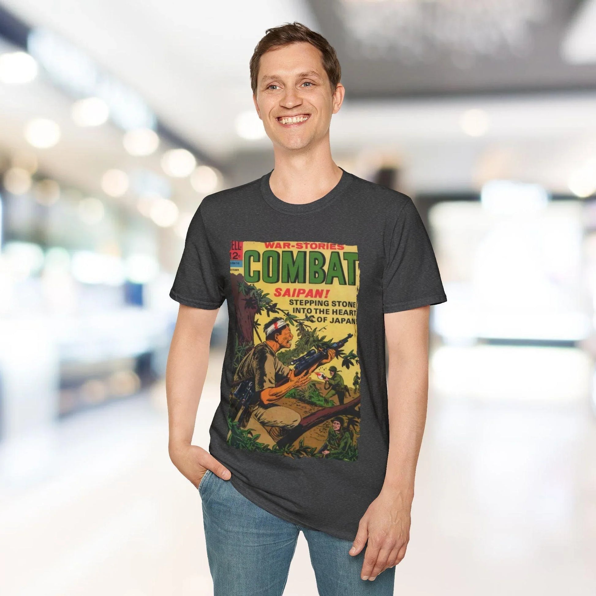 Close-up of the Combat Oct 1967 T-shirt’s chest graphic detail, showcasing vibrant colors and crisp vintage-inspired print