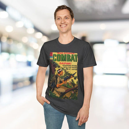 Close-up of the Combat Oct 1967 T-shirt’s chest graphic detail, showcasing vibrant colors and crisp vintage-inspired print