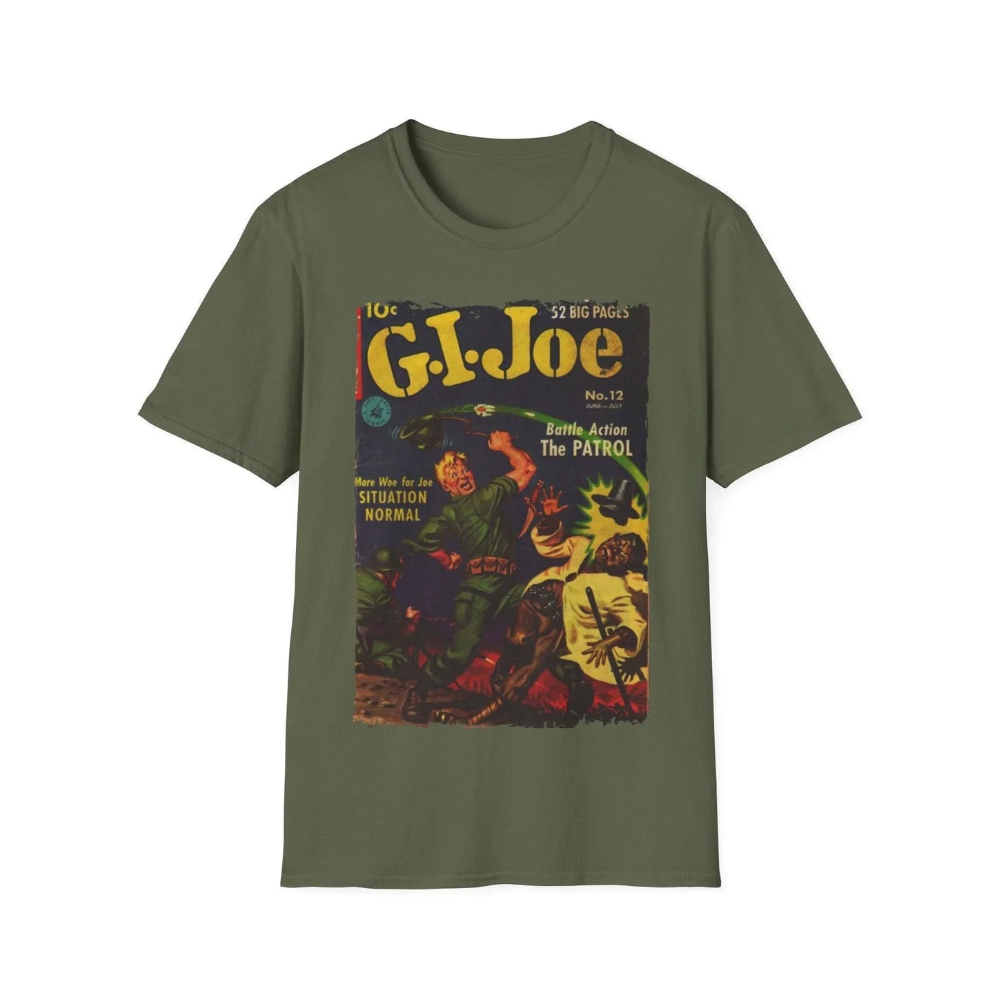 Close-up of the G.I. Joe No.12 unisex softstyle T-shirt’s relaxed fit and vivid navy color, highlighting the smooth cotton