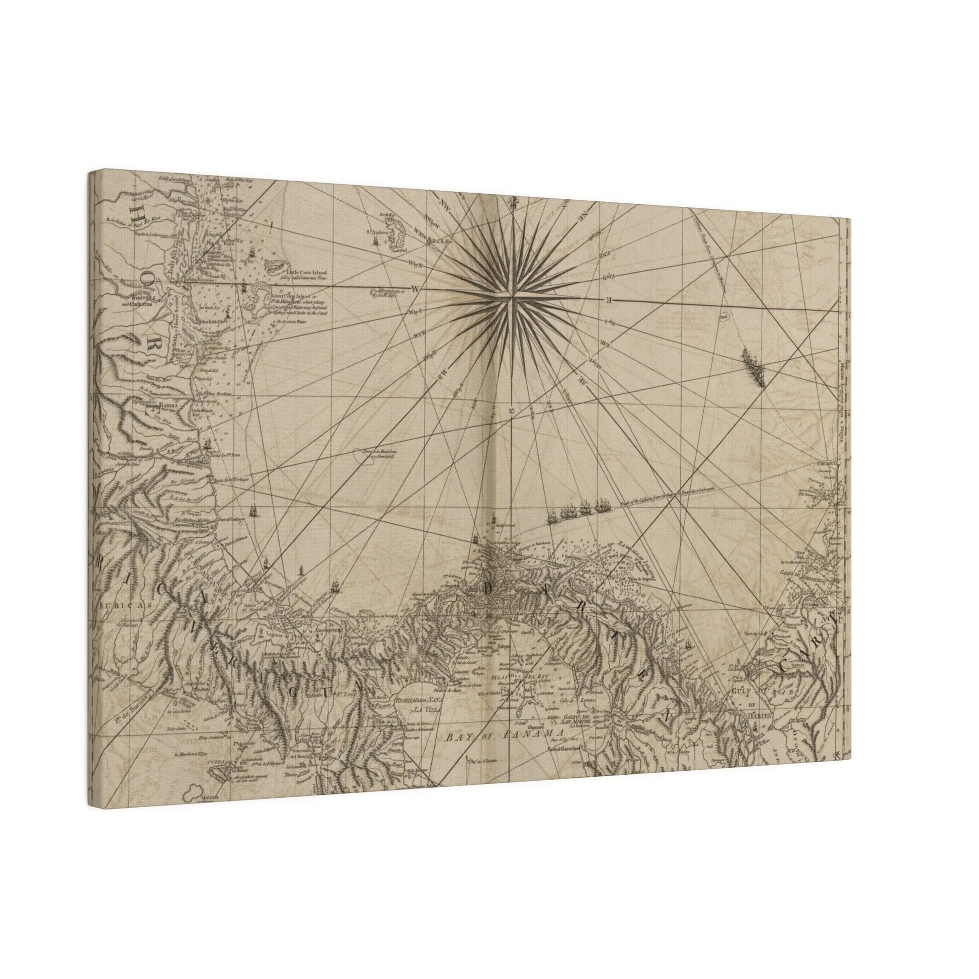 Close-up of detailed map labeling the Isthmus of Panama from Great River to Cartagena with vibrant colors and clear