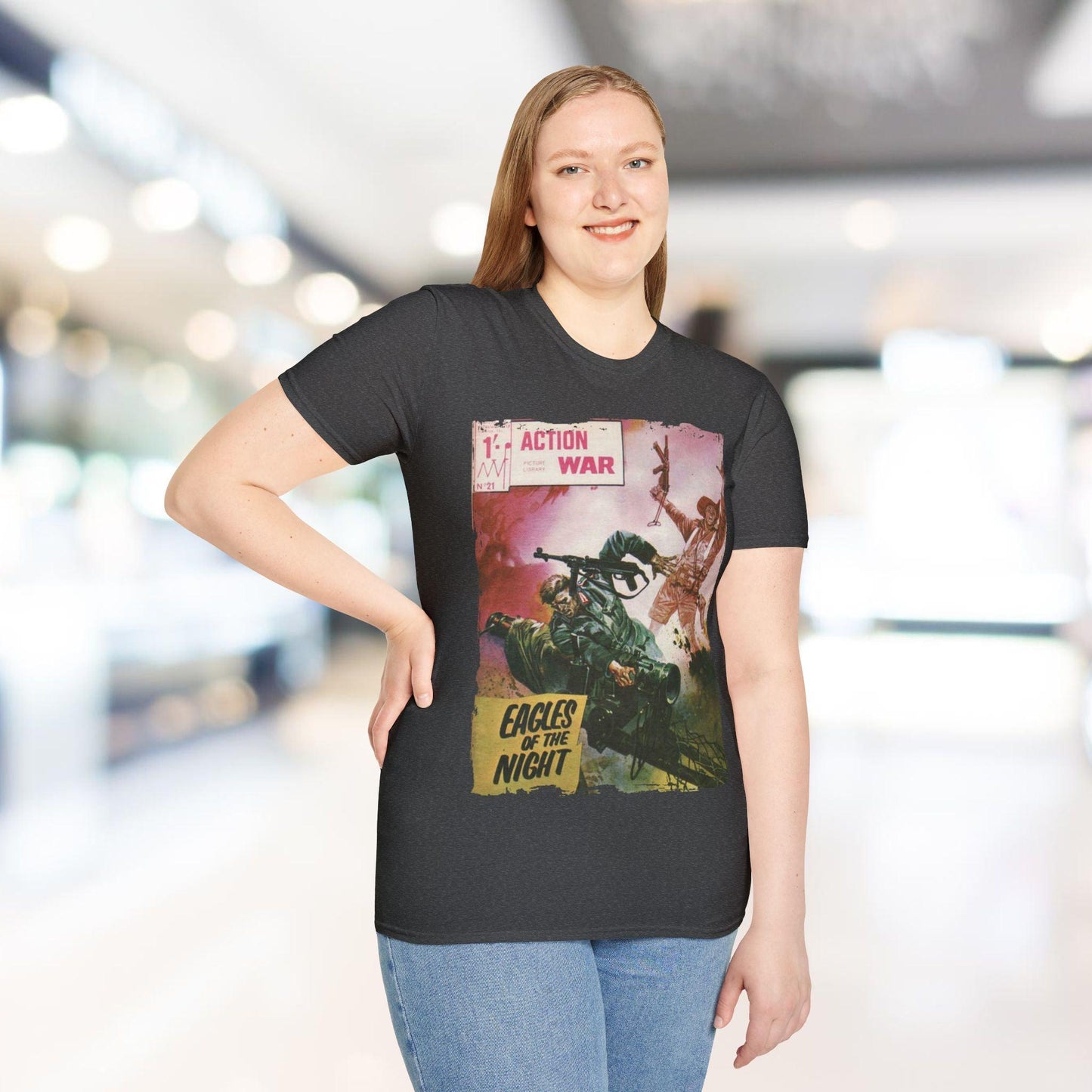 Close-up of the unisex softstyle T-shirt's collar displaying reinforced double-stitched neckline and subtle stitching