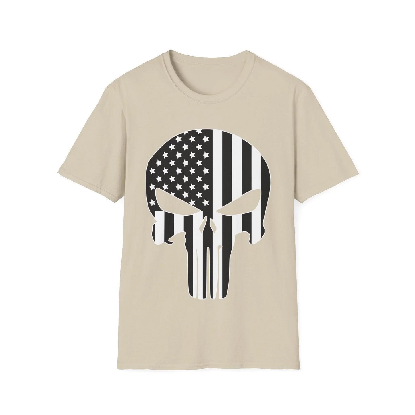 Front neckline detail showing the black and white American Skull Flag graphic on the soft cotton fabric of the unisex T-shirt